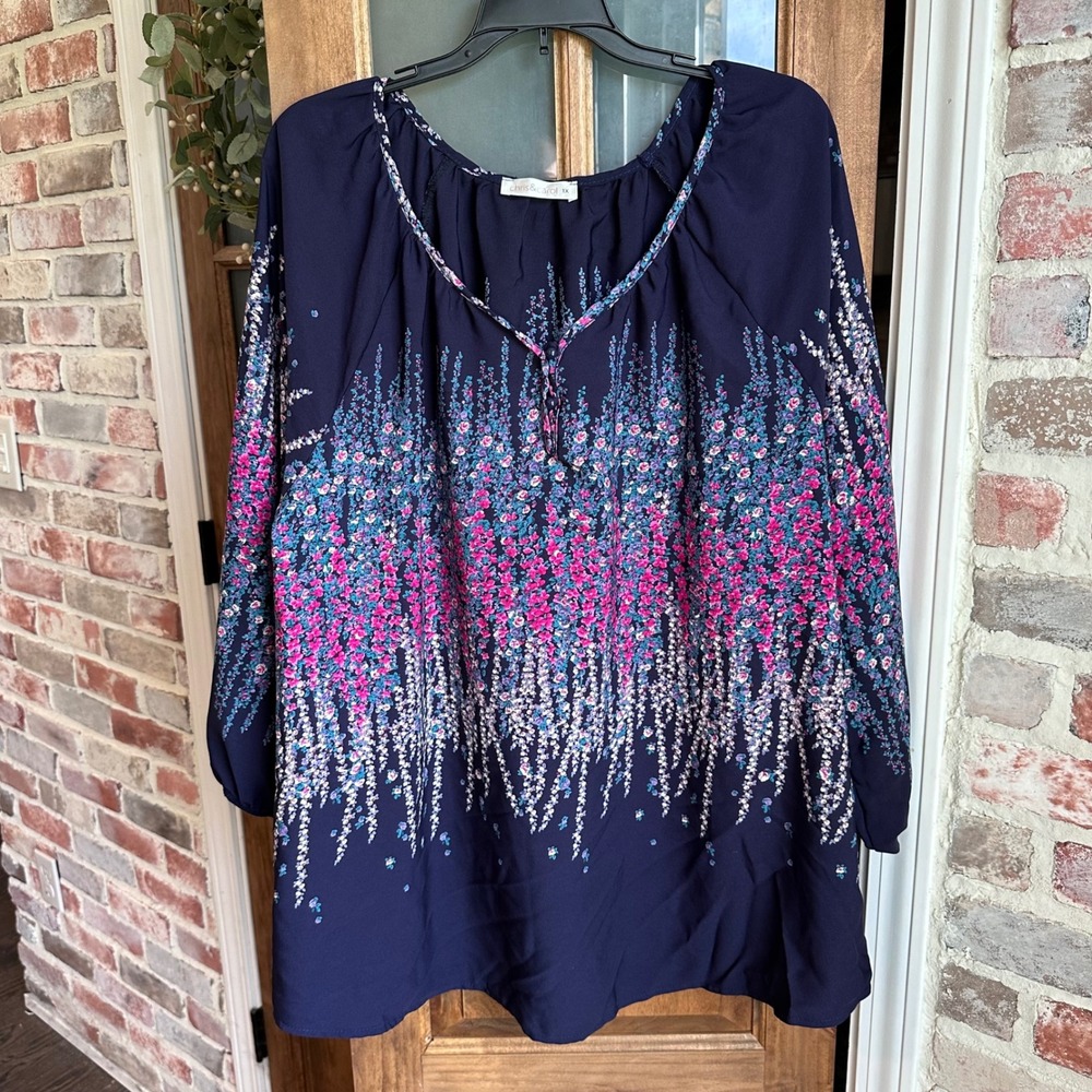 Chris & Carol Floral Peasant Blouse Women Navy Blue Long Sleeve Romantic Boho 1X